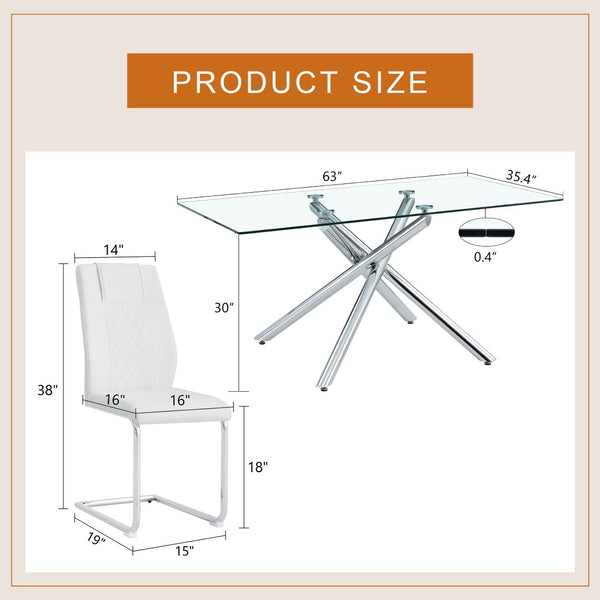 English Elm Table Modern Luxurious Transparent Glass Dining Set With 6 White Pu Chairs & Silver Metal Legs W1151S04126-GIGA