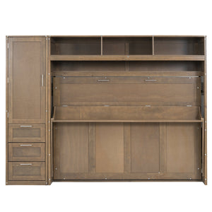 English Elm Full Full Size Murphy Bed with Wardrobe, Drawers & Open Shelves in Antique Wood—Space Saving Solution GX000388AAE