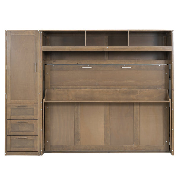 English Elm Full Full Size Murphy Bed with Wardrobe, Drawers & Open Shelves in Antique Wood—Space Saving Solution GX000388AAE