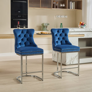English Elm 25" Elegant Tufted Counter Bar Stools Set of 2 with Plush Spring Cushion and Chrome Durable Base Blue W1143P217852