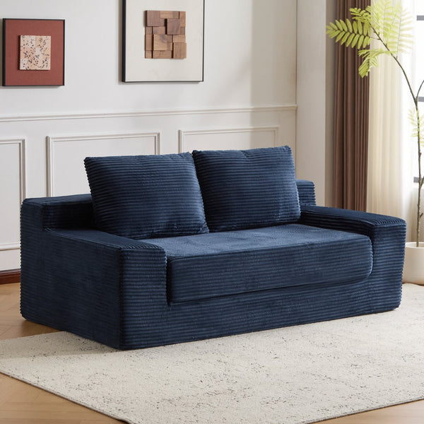 English Elm Loveseat Corduroy Bean Bag Sofa Bed with Memory Foam, Reversible Cushions, Plush Bolsters, No Assembly Required Dark Blue W3723P346939