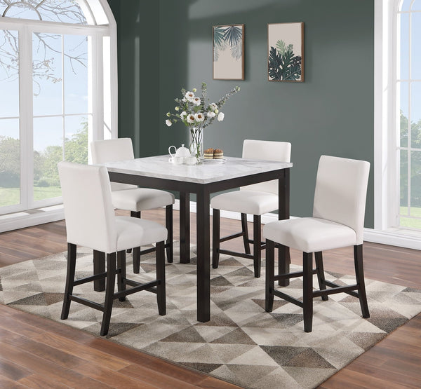 English Elm Modern 5pc Counter Height Dining Set with Faux Marble Top & White Faux Leather Chairs, 40" Square B011P184983