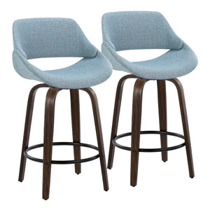 English Elm Fabrico Mid-Century Counter Stool Set of 2 — 26" Fixed Height Swivel Seats, Walnut Legs, Blue Fabric, Footrest B202S00247