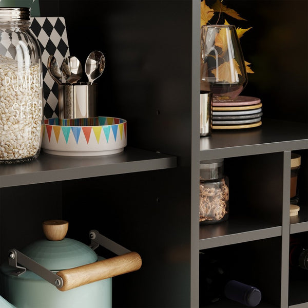English Elm Rattan Cane Front Sideboard with Drawers Adjustable Shelf Bohemian Storage Cabinet Black T3623P434767