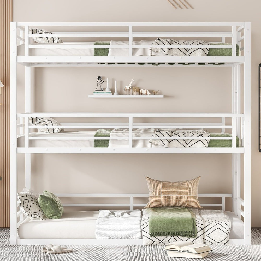 English Elm Twin Xl Triple Bunk Bed - Heavy-Duty Metal Frame With Safety Guardrails & Noise-Reduced Design, White W1580S00165-GIGA
