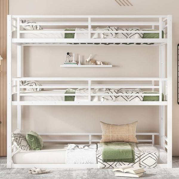 English Elm Twin Xl Triple Bunk Bed - Heavy-Duty Metal Frame With Safety Guardrails & Noise-Reduced Design, White W1580S00165-GIGA
