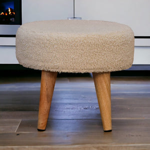 English Elm Solid Boucle Petite Footstool with Solid Mango Wood Nordic Legs, Handwoven Cotton Upholstery, Cozy Texture Cream+Brown B182P186258