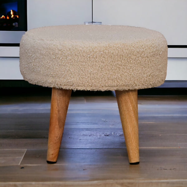 English Elm Solid Boucle Petite Footstool with Solid Mango Wood Nordic Legs, Handwoven Cotton Upholstery, Cozy Texture Cream+Brown B182P186258