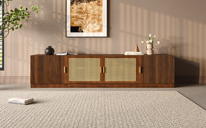 English Elm 78" TV Stand for TVs up to 85" — Walnut Media Console with Rattan Doors, Fluted Fronts & Adjustable Shelves N710P362196P