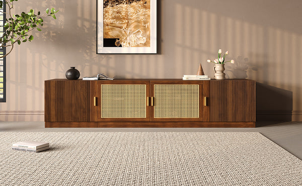 English Elm 78" TV Stand for TVs up to 85" — Walnut Media Console with Rattan Doors, Fluted Fronts & Adjustable Shelves N710P362196P