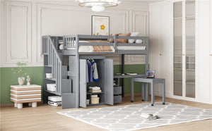 English Elm Queen Murphy Bed with Integrated Desk Cabinet Shelves Space Saving Studio Solution Gray N708S00013E