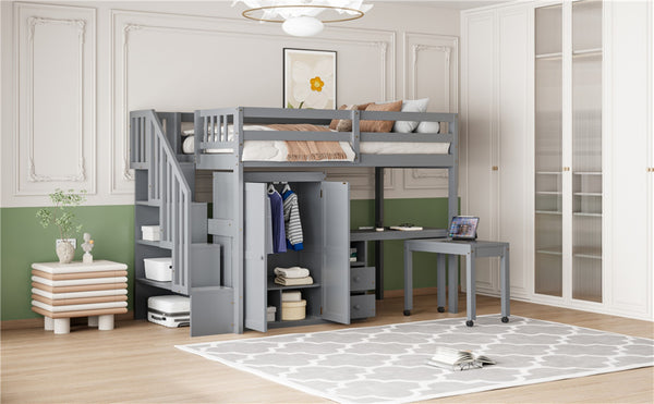 English Elm Queen Murphy Bed with Integrated Desk Cabinet Shelves Space Saving Studio Solution Gray N708S00013E