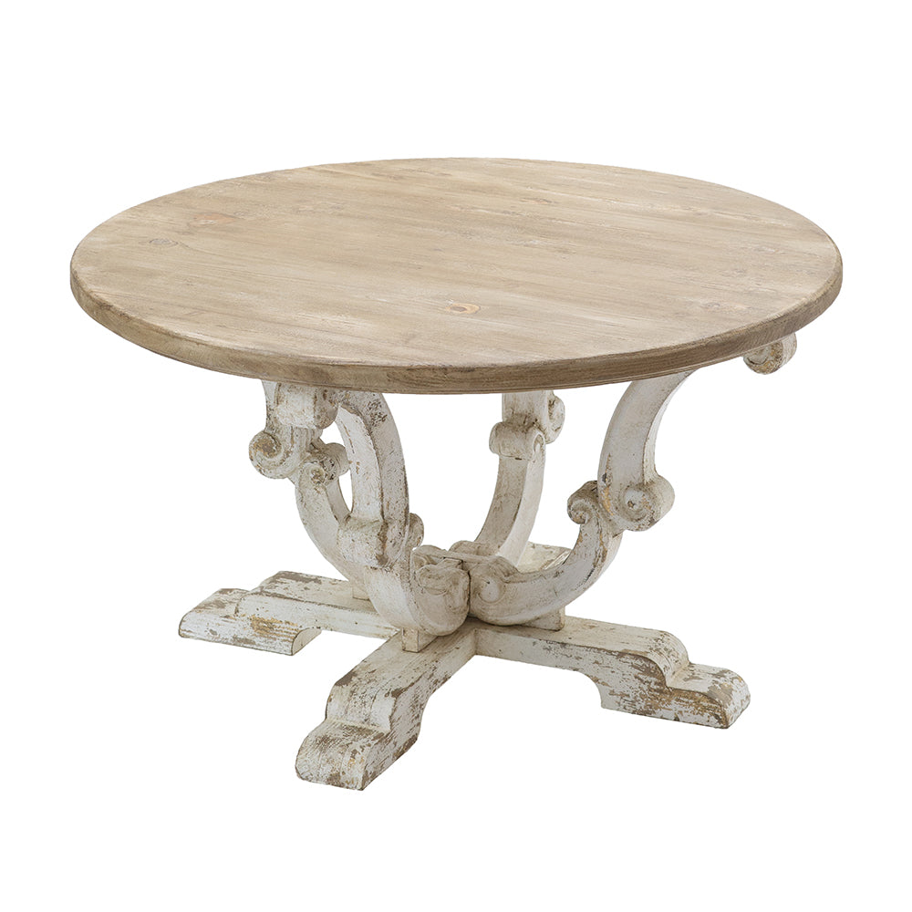 English Elm D31.5x18.5" Farmhouse Round Coffee Table with Distressed White Finish, Scrollwork Legs & Spacious Top W2078P201144