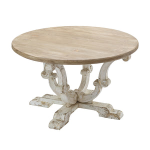 English Elm D31.5x18.5" Farmhouse Round Coffee Table with Distressed White Finish, Scrollwork Legs & Spacious Top W2078P201144