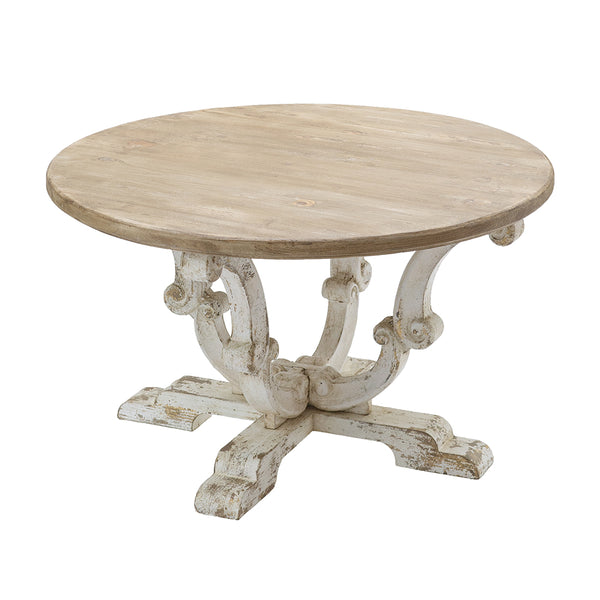 English Elm D31.5x18.5" Farmhouse Round Coffee Table with Distressed White Finish, Scrollwork Legs & Spacious Top W2078P201144