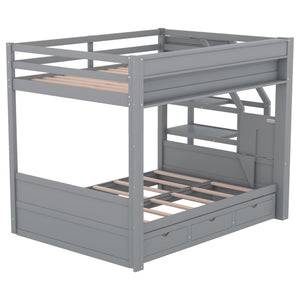English Elm Wood Full Size Convertible Bunk Bed with Storage Staircase, Bedside Table and 3 Drawers, Gray - Space-Saving, Durable Design SM000335AAE