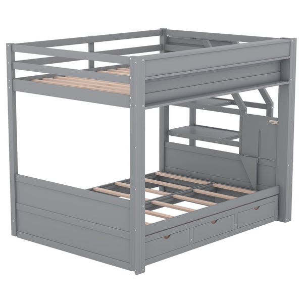 English Elm Wood Full Size Convertible Bunk Bed with Storage Staircase, Bedside Table and 3 Drawers, Gray - Space-Saving, Durable Design SM000335AAE