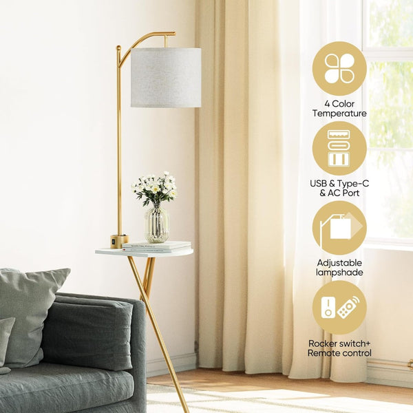 English Elm Floor Lamp with Built-in Side Table Usb Charging Remote Dimming for Living Room Golden W3355P440807