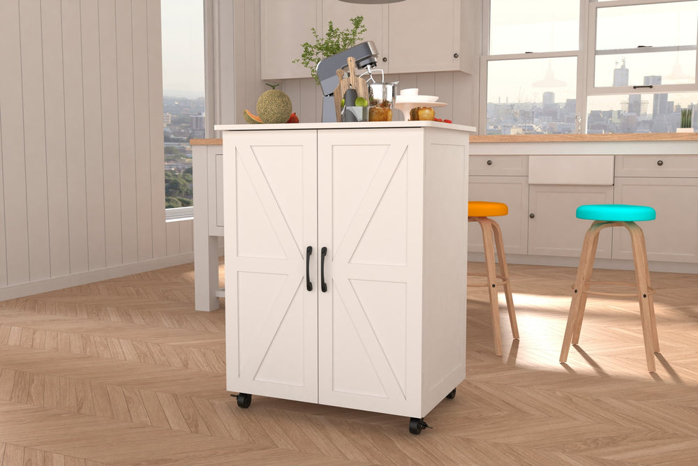 English Elm Kitchen Island With Storage On Wheels - Versatile Mobile Cart For Crafts, Coffee, And Dining Spaces W3062P289218
