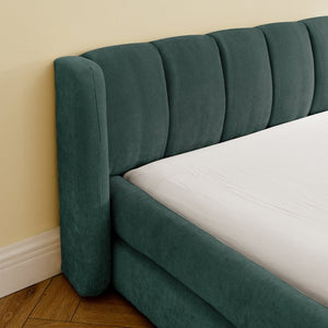 English Elm King Platform Bed Full Chenille Upholstery Low Profile Frame for Modern Bedroom Blue+Green W487S00435