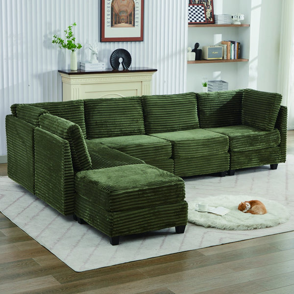 English Elm Corduroy Plush U-Shaped Sectional Sofa with Storage Ottoman, Pet-Friendly Durable Modular Comfort Green W2915S00065
