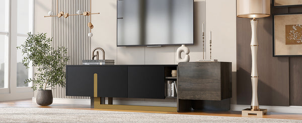 English Elm VIBE Light Luxury 66.7" TV Stand for Up to 70" TVs — Gold-Accented Wood Grain Cabinet with Metal Legs Black N724P321446B