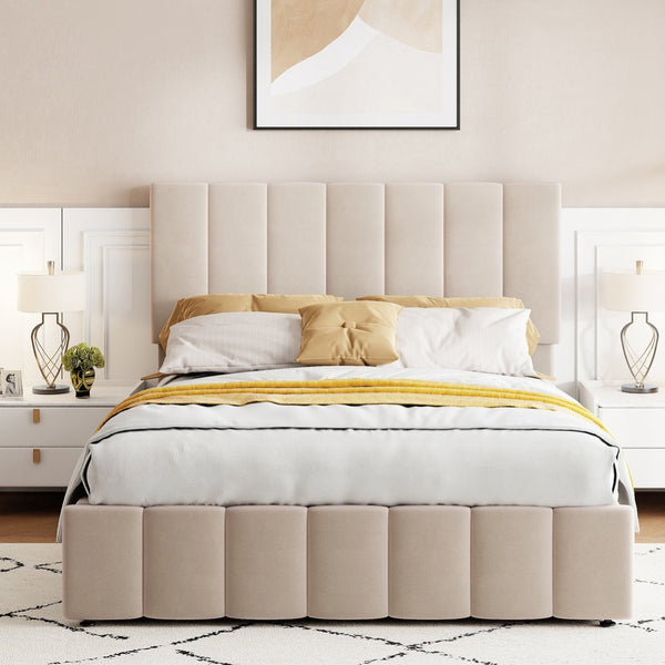 English Elm Full Size Linen Upholstered Platform Bed with Hydraulic Lift Storage and Foam Headboard N708P201551A