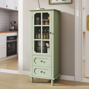 English Elm Minimalism Mint Green Buffet Cabinet with Tempered Glass, Solid Wood Legs, Spacious Drawer & Shelves W2557P355889