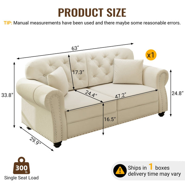 English Elm 63"upholstered Velvet Chesterfield Loveseat Mid Century Tufted Nailhead Compact Living Room Beige White W1885P448723