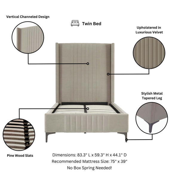 English Elm Promenade Upholstered Velvet Twin Bed with Vertical Stitched Headboard, Solid Slats, No Box Spring Needed taupe B365S00054
