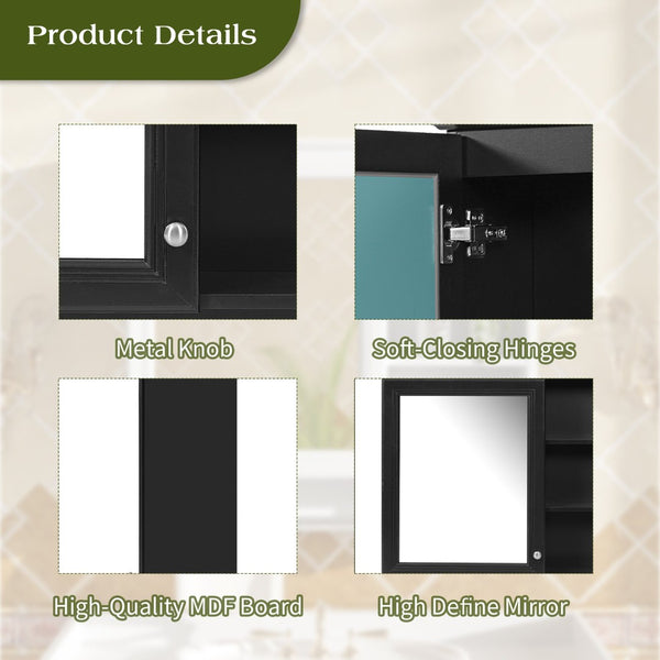 English Elm 30 Inch Wall Mount Mirror Cabinet Mdf Storage with Soft Close Hinges Bathroom Vanity Black N710P186086B