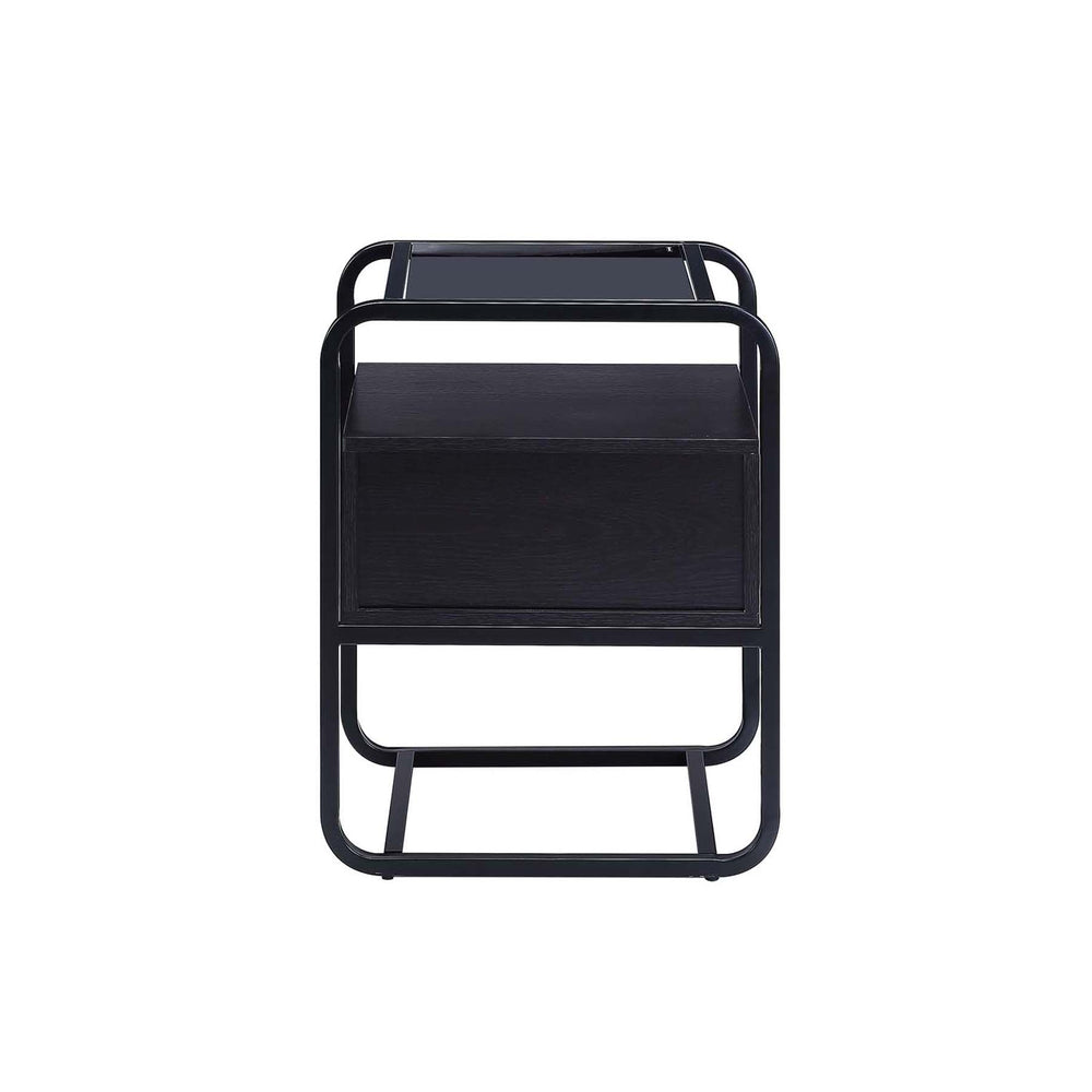English Elm Metal Frame Accent Table with Tempered Glass Top, Black Finish, Sturdy Metal Nightstand w/ Drawer and Open Shelf for Storage — Modern Glossy Design B016P257184