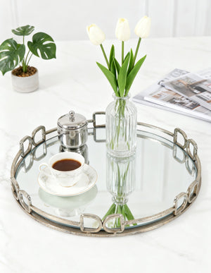 English Elm D16.1x2" Valentina Silver Round Mirror Tray — Distressed Openwork Frame, Speckled Glass, Luxe Decor_x0015_ W2078P391070