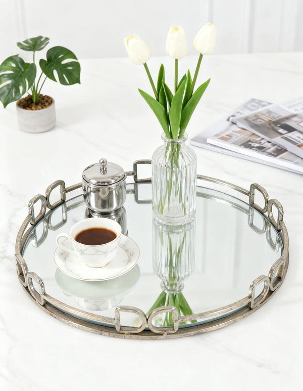 English Elm D16.1x2" Valentina Silver Round Mirror Tray — Distressed Openwork Frame, Speckled Glass, Luxe Decor_x0015_ W2078P391070