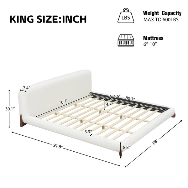 English Elm King Boucle Upholstered Platform Bed Sculpted Headboard Solid Wood Legs Bedroom N757K333334W