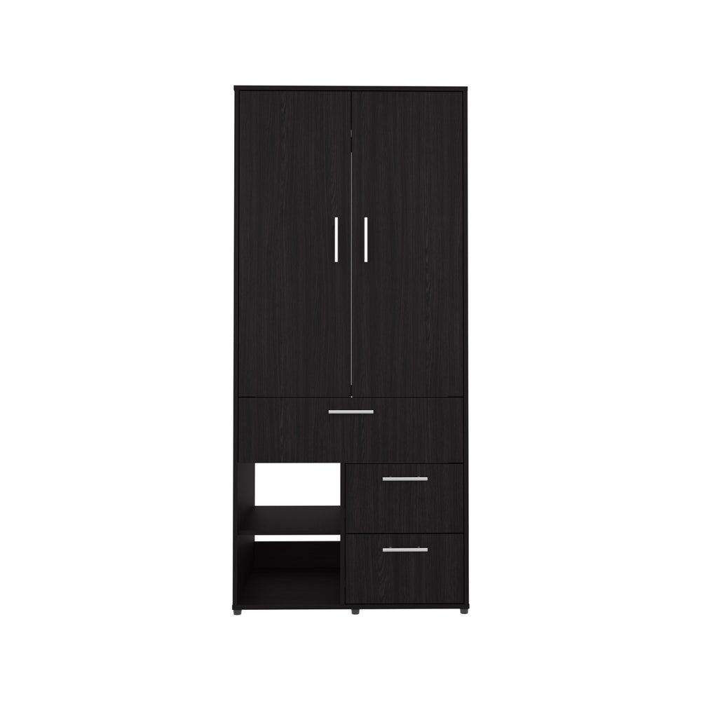 English Elm Alpine Tall Armoire in Kronos Wengue with Double Doors, Shelves & Hanging Rod — Space-Saving Elegance B200S00437