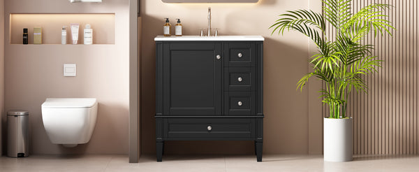 English Elm 30 30 Inch Bathroom Vanity with Ceramic Sink, Modern Compact 3-Drawer Storage Cabinet for Small Baths Black N710P247499B