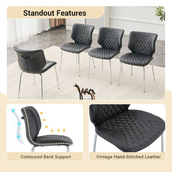 English Elm Dark Oil Waxed Faux Leather Dining Chair Set with Diamond Tufted High Back Metal Legs Dark Gray W3493P444894