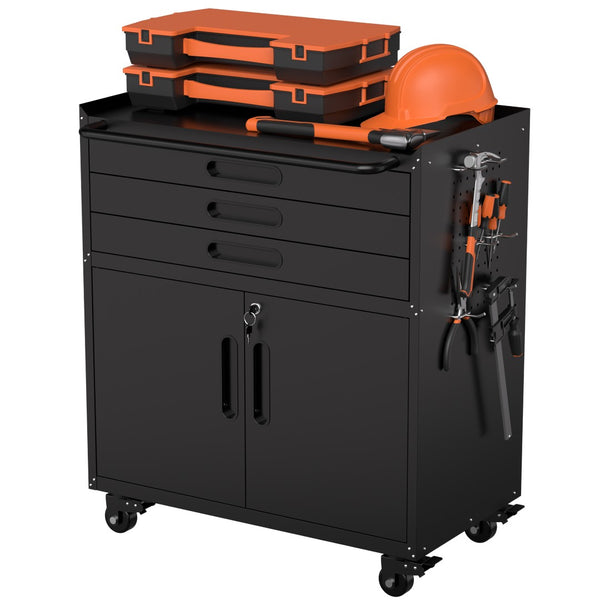 English Elm 34.3" Rolling Steel Workshop Cabinet with 3 Drawers Lockable Doors and Pegboard Sides W2735P428815