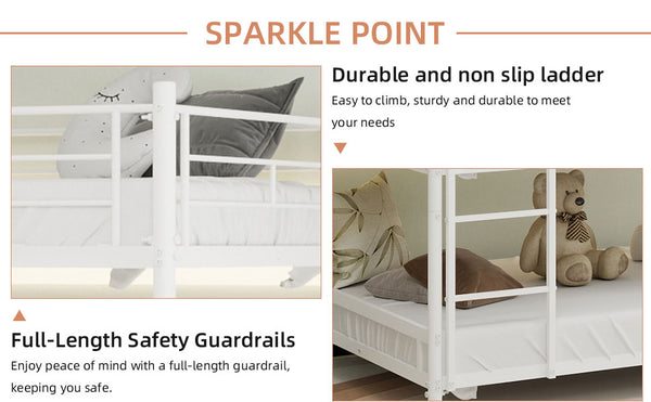 English Elm Heavy-duty triple bunk bed frame with built-in ladder, full guardrails, metal slats, space-saving design White W1935P330701