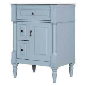 English Elm 24 Inch Freestanding Vanity with Ceramic Sink Rubberwood Frame Matte Finish Storage Blue+Grey N725P356058E
