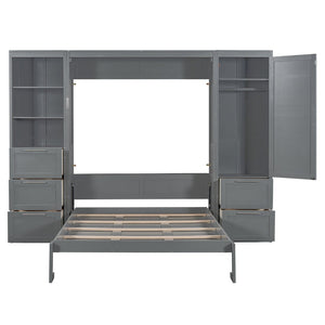 English Elm Queen Murphy Wall Bed with Wardrobe Drawers and Shelves for Studio or Guest Room Gray LP000865AAE-1