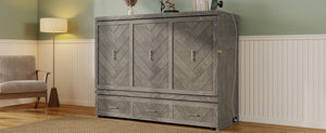 English Elm Queen Murphy Cabinet Bed Pine Wood Geometric Panel Antique Grey with Usb Charging W504S00302