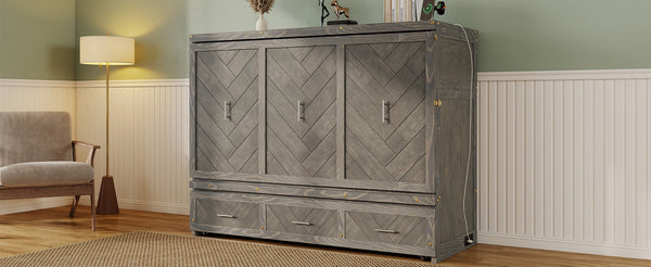 English Elm Queen Murphy Cabinet Bed Pine Wood Geometric Panel Antique Grey with Usb Charging W504S00302