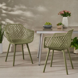English Elm Poppy Outdoor Dining Chairs Set of 2 Diamond Mesh Geometric Modern Patio Seating Olive Green N776P414399G