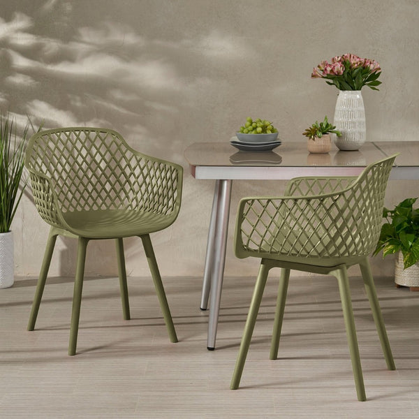 English Elm Poppy Outdoor Dining Chairs Set of 2 Diamond Mesh Geometric Modern Patio Seating Olive Green N776P414399G