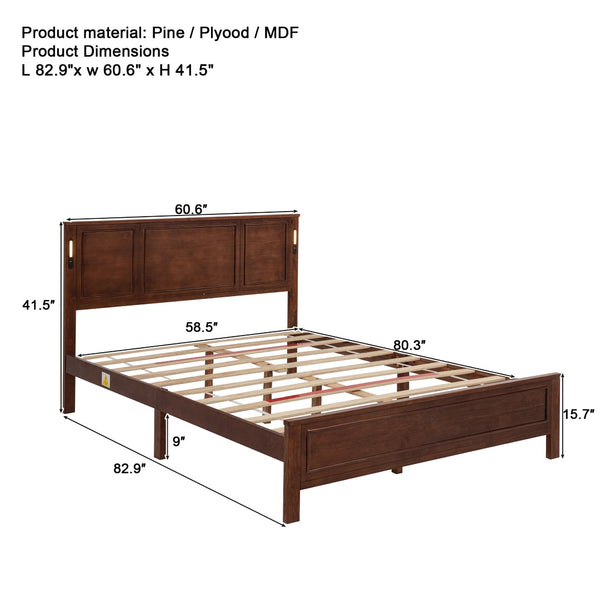 English Elm Queen Pinewood Platform Bed Farmhouse Tall Panel Headboard with Led Lighting and Usb Ports Walnut W504P391092