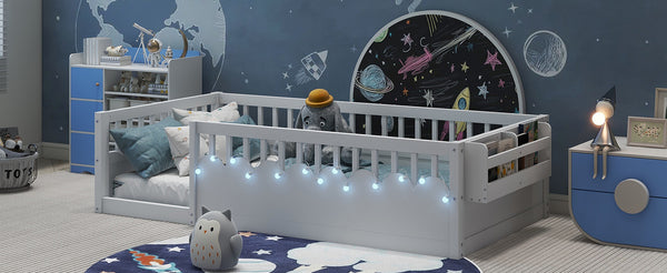 English Elm Twin Montessori Floor Bed Frame with High Rails and Built-In Light Shelf for Safe Independent Sleep White 79.13 L x 13 W x 6.3 H W2593P333565