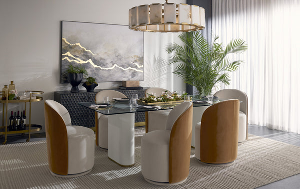 Sunpan Cavoli Swivel Dining Chair - Stylish Curved Design, Fully Upholstered for Ultimate Comfort and Elegance Meg Taupe / Meg Gold