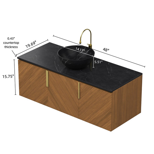 English Elm Arai 48" Floating Bathroom Vanity With Black Stone Countertop & Ceramic Basin, Brown Oak Finish W2615S00359